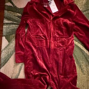 Vintage 70s style cranberry red corduroy metallic jumpsuit